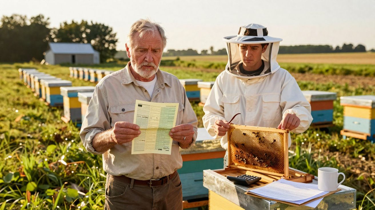Apicultor com proteção e homem a ler documento numa colmeia ao pôr do sol.