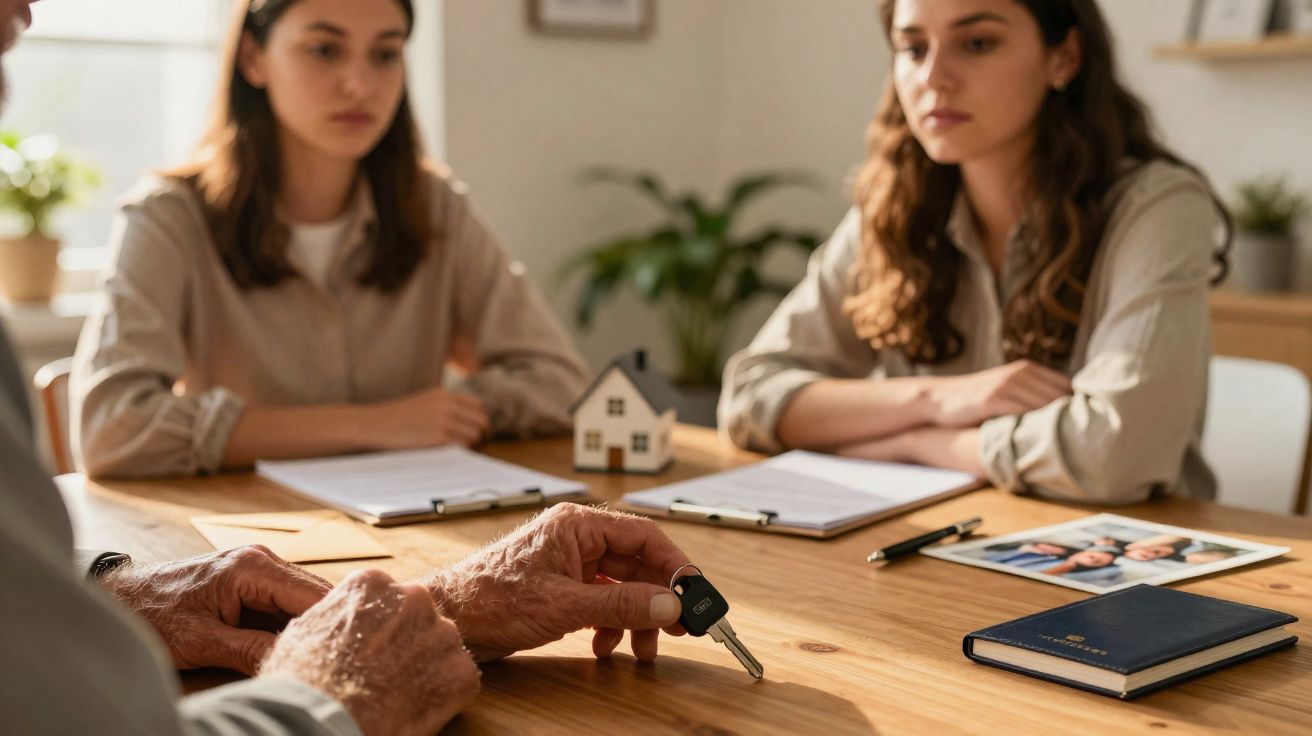 Pessoa idosa entrega chave a duas mulheres durante reunião para compra de casa com contrato na mesa.