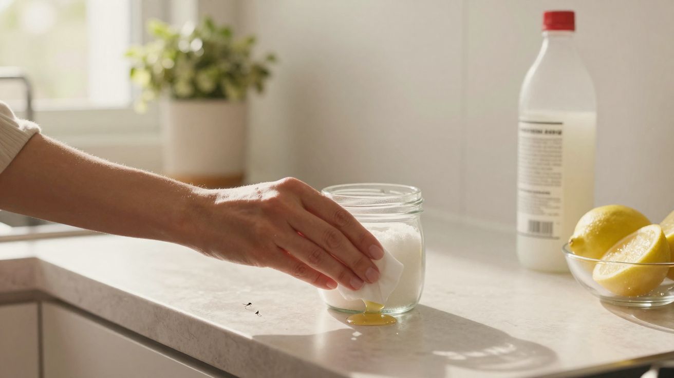 Mão a limpar um vidro de açúcar derramado num balcão de cozinha com um pano branco.
