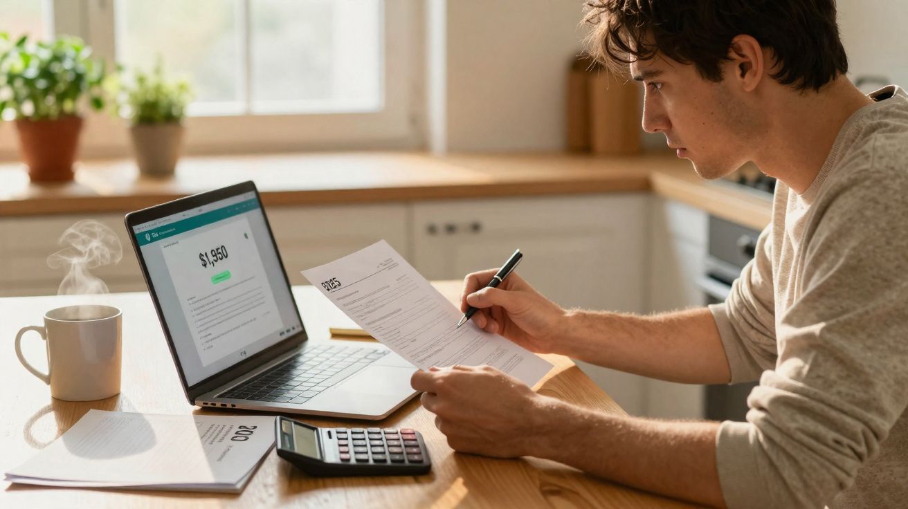 Homem a analisar documentos e a usar laptop e calculadora numa cozinha bem iluminada.