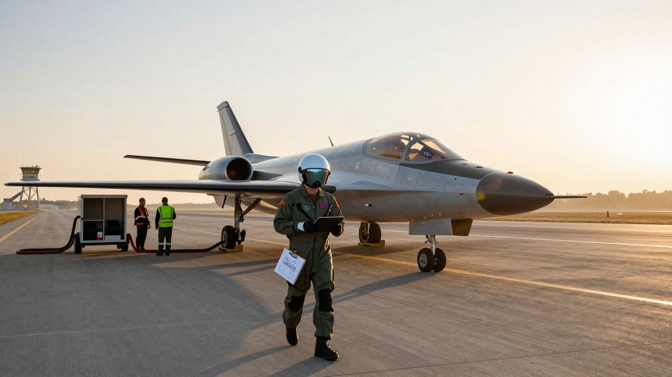 Piloto de avião militar com capacete caminha na pista em frente a caça estacionado durante o amanhecer.