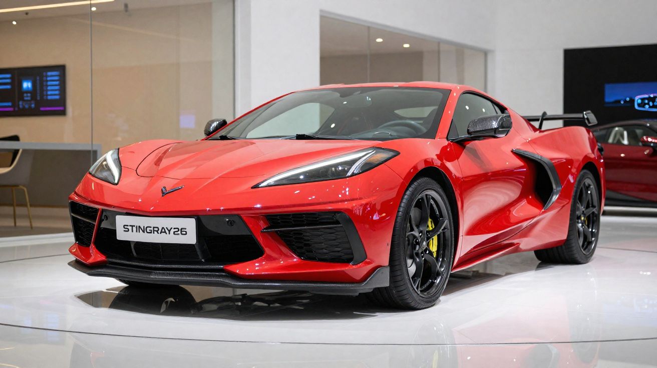 Carro desportivo vermelho Chevrolet Corvette Stingray26 em exposição num salão automóvel.