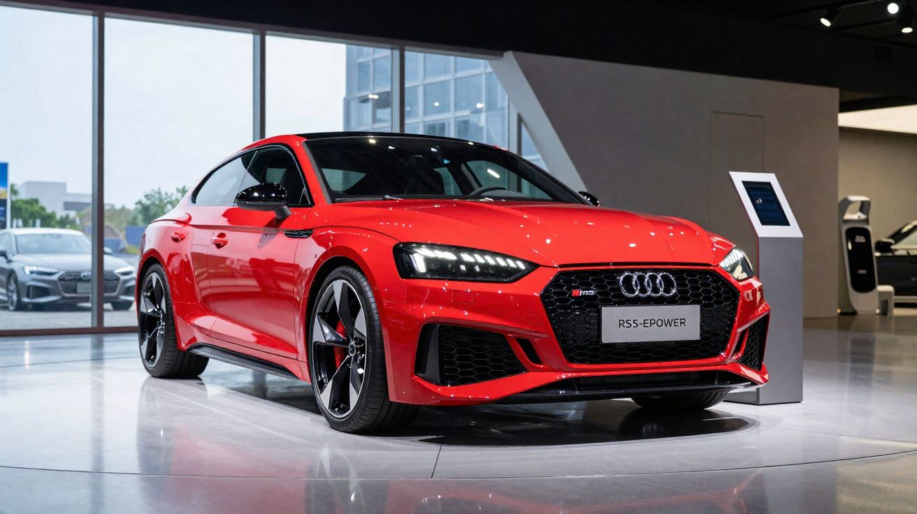 Carro desportivo Audi RS5 vermelho exposto numa sala moderna com chão de cimento polido.