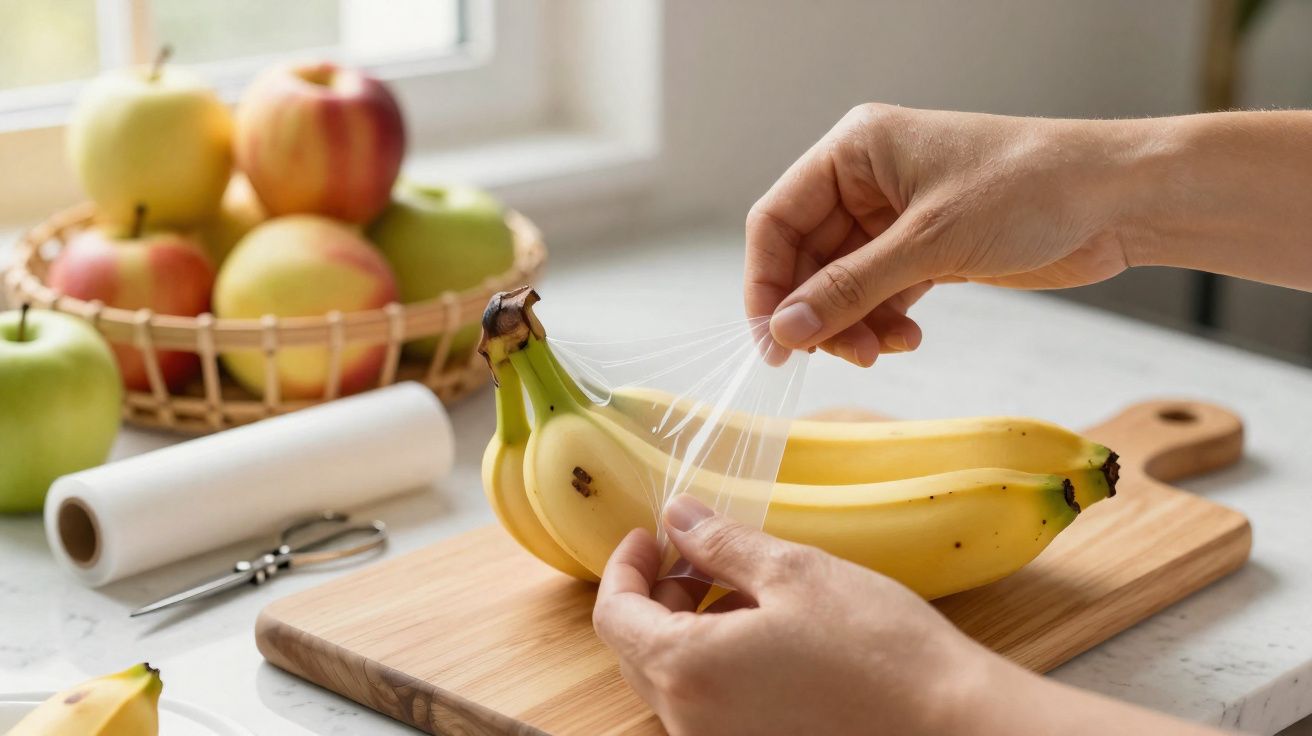 Mãos a envolver um cacho de bananas com película plástica numa tábua de madeira numa cozinha iluminada.