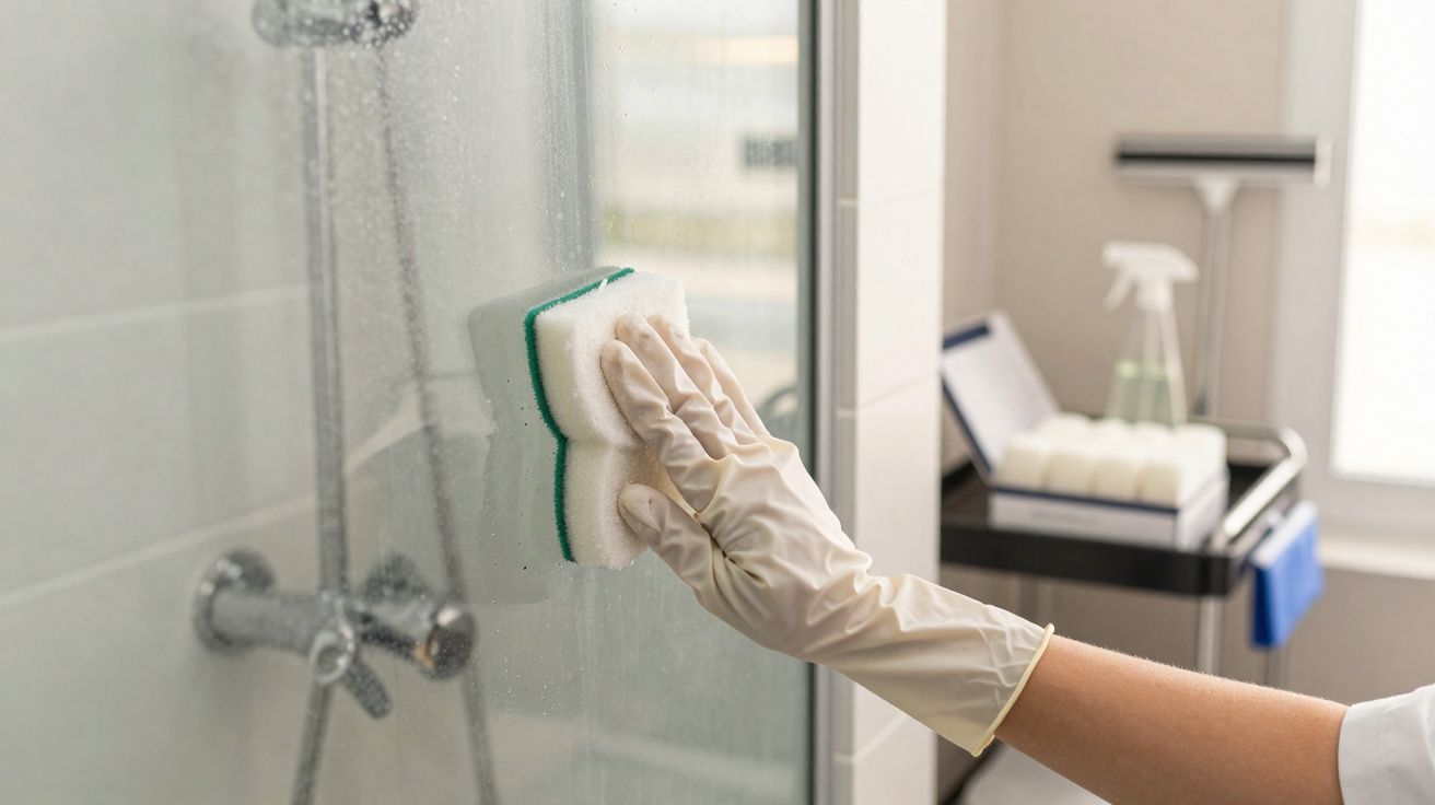 Pessoa com luva de borracha a limpar vidro de cabine de duche com esponja branca e verde.