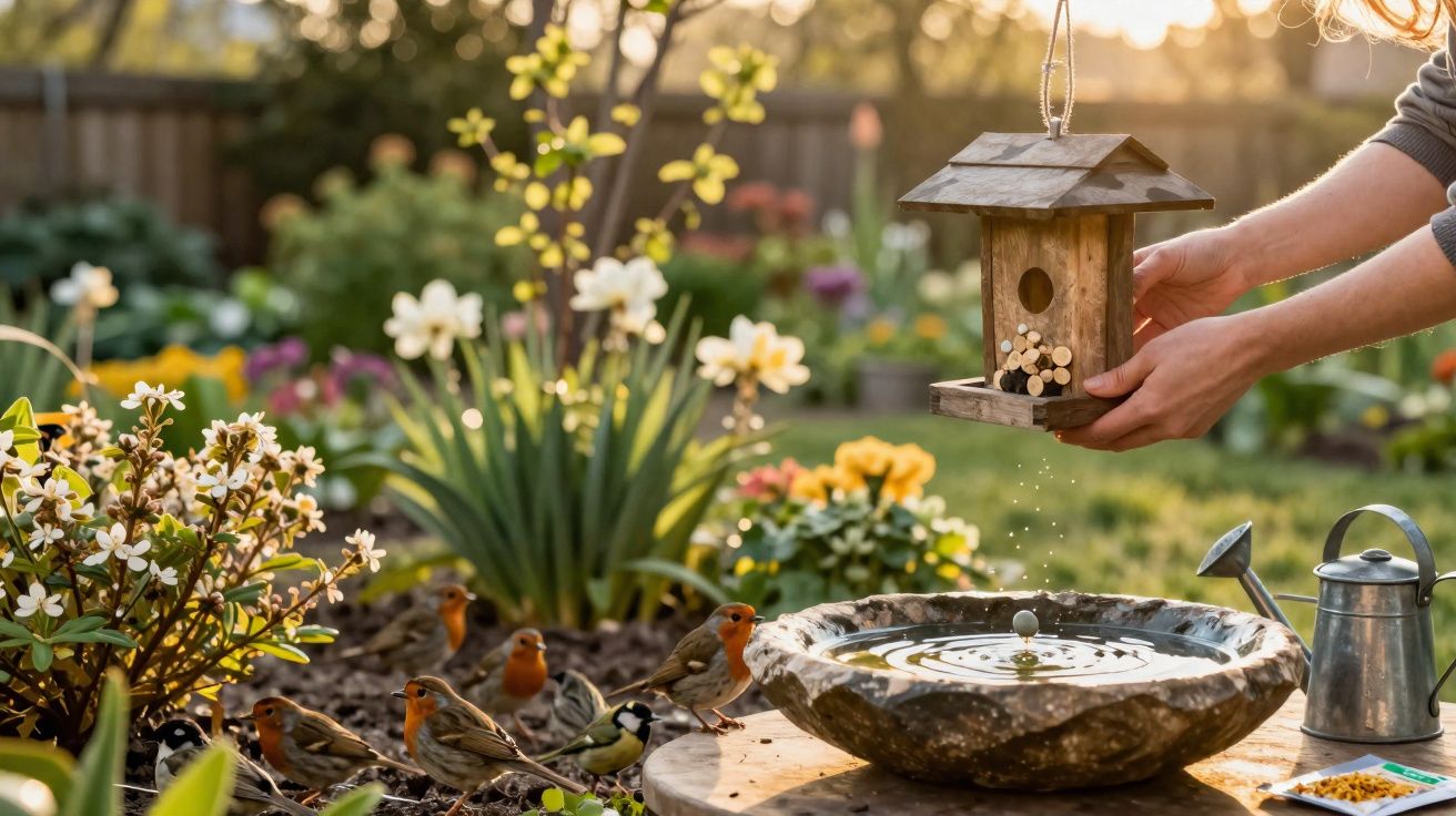 Pessoa a colocar comedouro para pássaros num jardim com varias aves junto a um bebedouro de pedra.