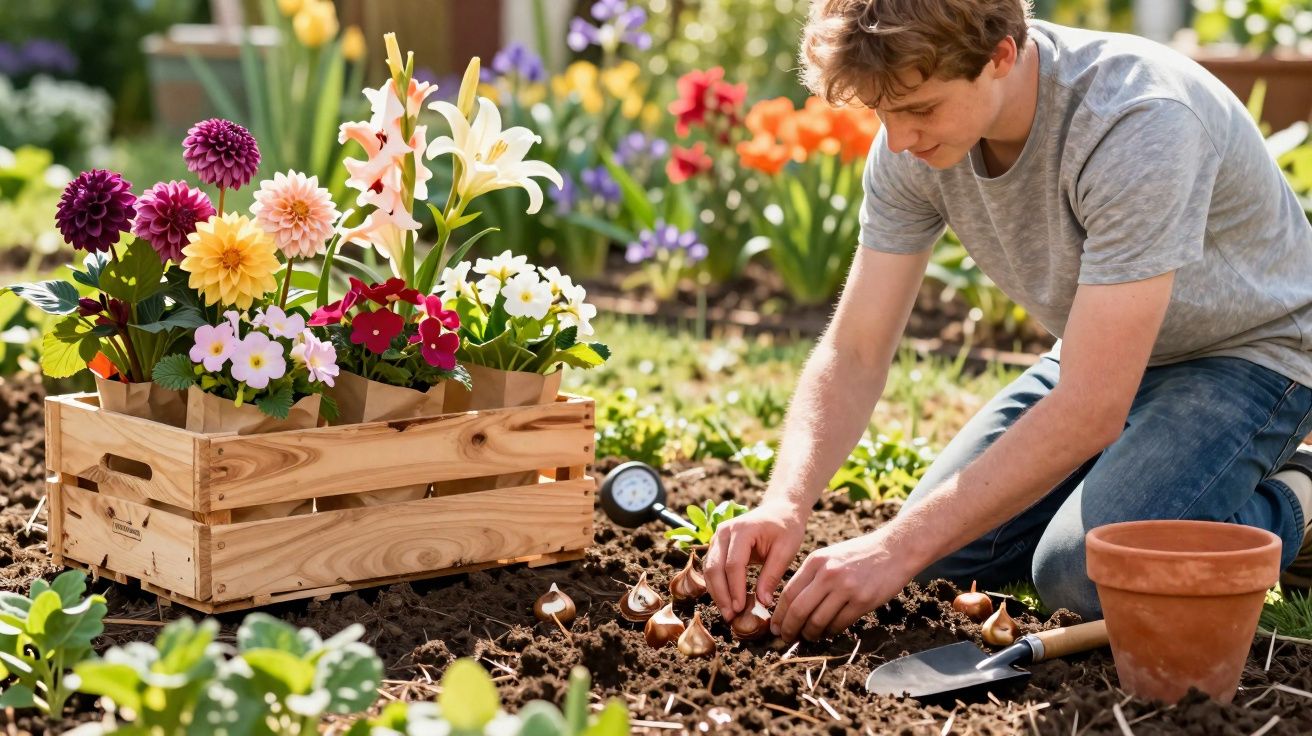 Jovem a plantar bulbos de flores no jardim, com caixa de flores coloridas ao lado e vaso vazio ao chão.