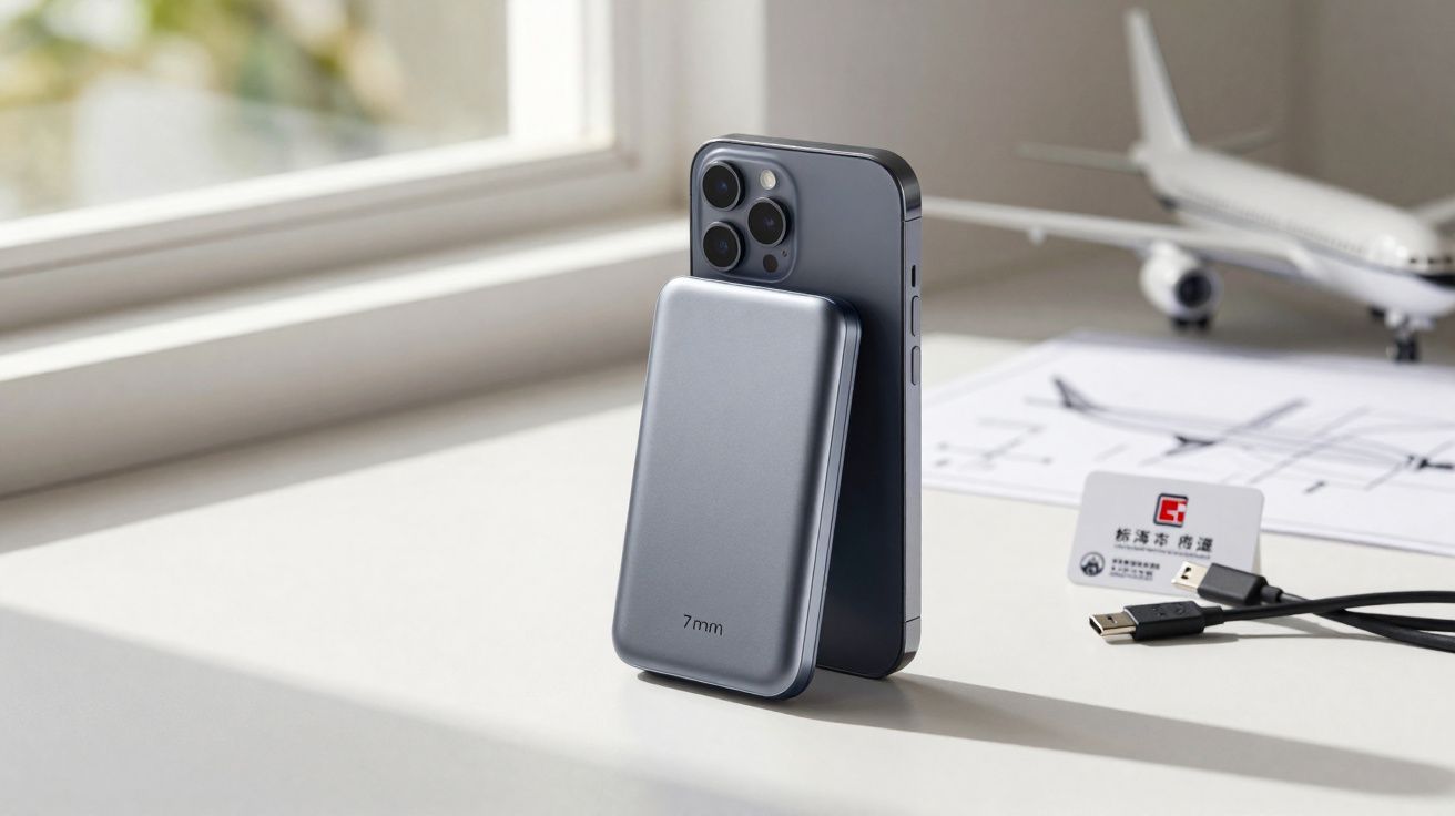 Smartphone preto com power bank cinzento apoiado numa mesa ao lado de cabos USB e miniatura de avião.