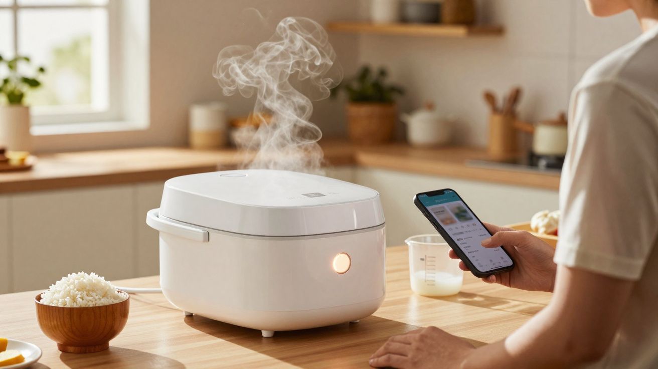 Panela de arroz eléctrica a cozinhar com vapor visível e pessoa a usar smartphone na cozinha moderna.