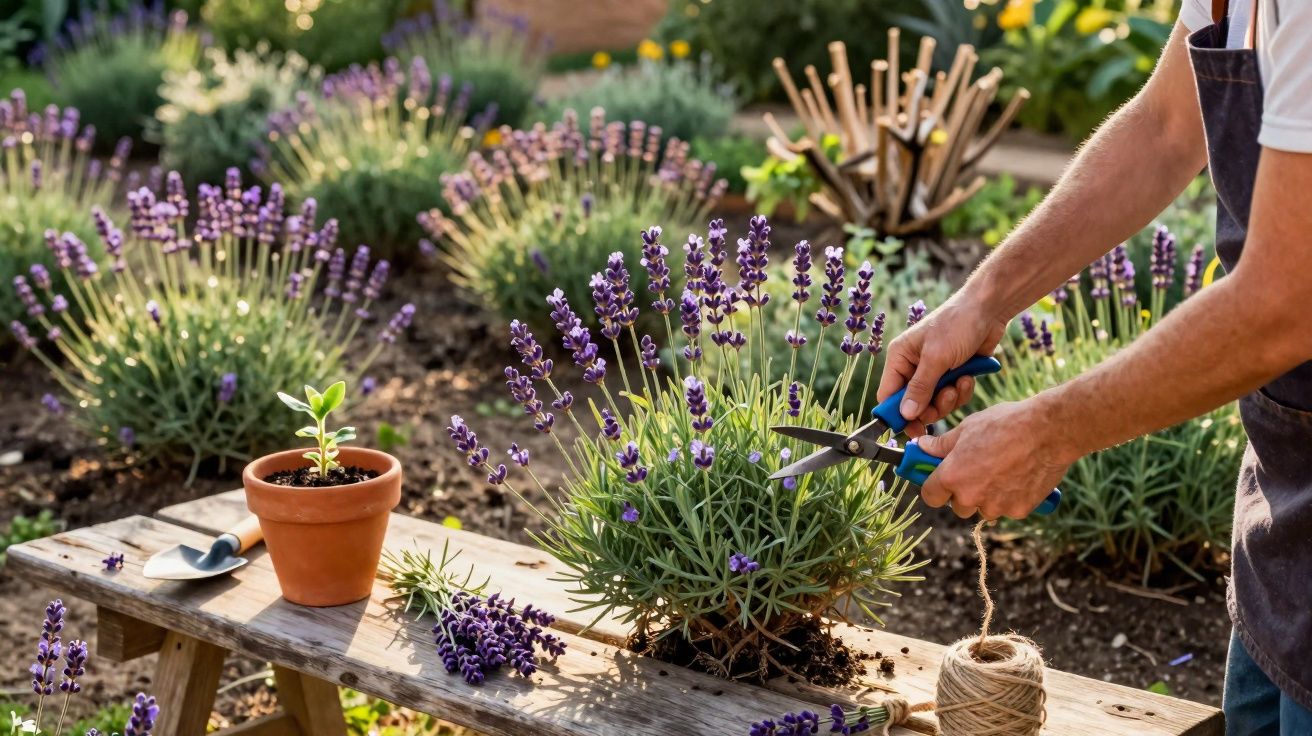 Pessoa a cortar flores de lavanda num jardim ensolarado com tesoura e cordel à mão.