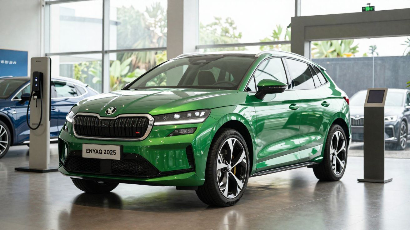 Automóvel elétrico verde Škoda Enyaq 2025 em exposição numa sala com carregadores.
