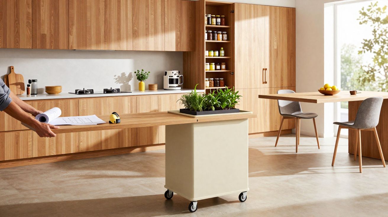 Cozinha moderna com móveis em madeira clara, ilha móvel com plantas aromáticas e mesa de jantar junto a janela.