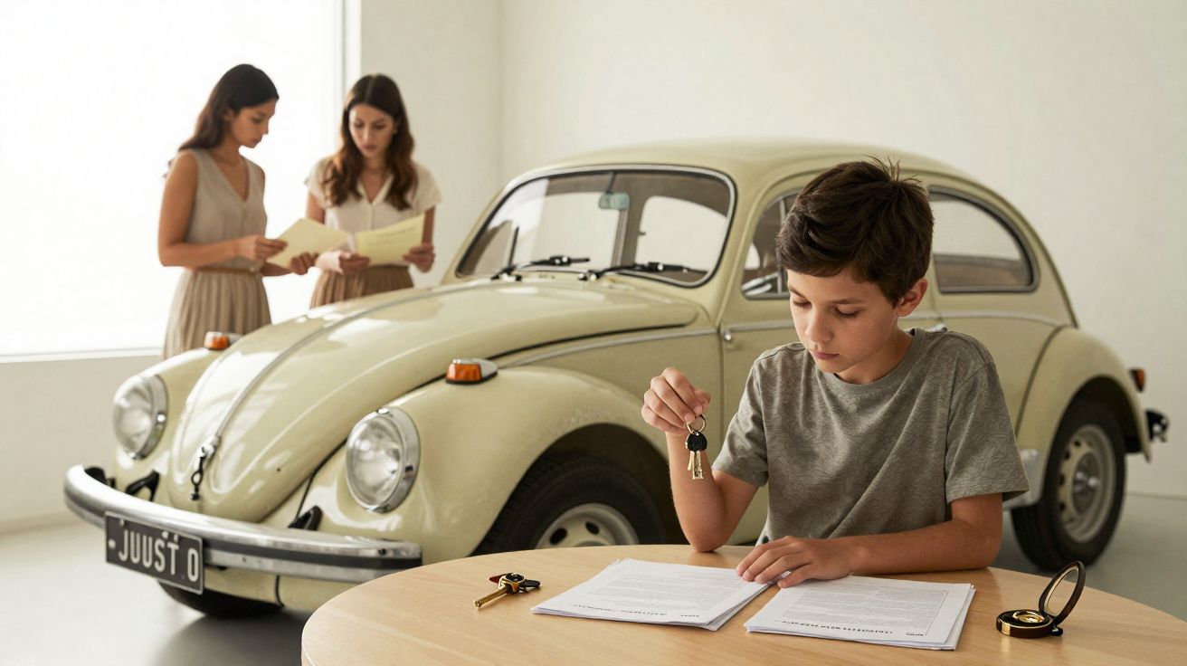 Menino sentado a assinar documentos com chave na mão, carro antigo e duas mulheres a analisar papéis ao fundo.