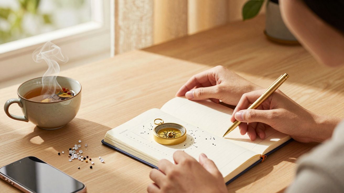 Pessoa a escrever num caderno aberto com uma bússola em cima, chá a fumegar e telemóvel numa mesa de madeira clara.