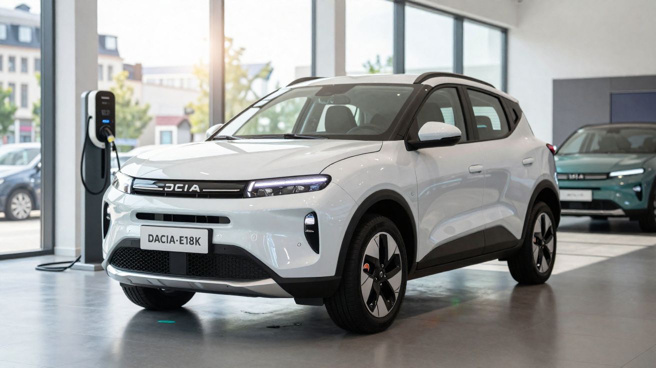 Carro elétrico branco Dacia E18K em exposição numa sala moderna com carregador de parede.