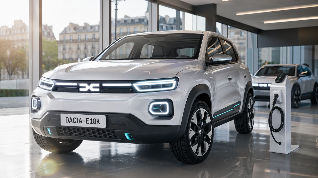 Carro elétrico branco Dacia-E18K em exposição numa sala moderna, com posto de carregamento à frente.