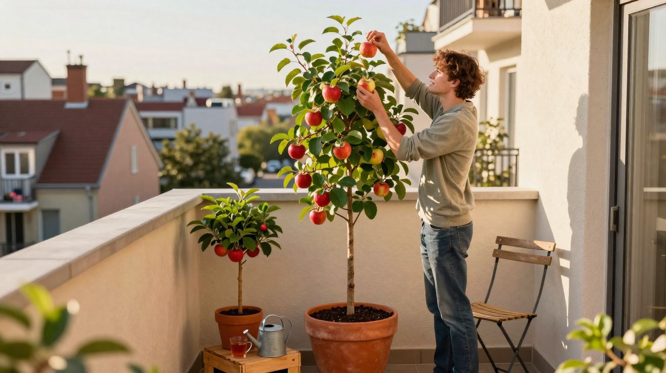 Homem colhe maçãs numa varanda com árvores em vasos e cadeiras ao pôr do sol.