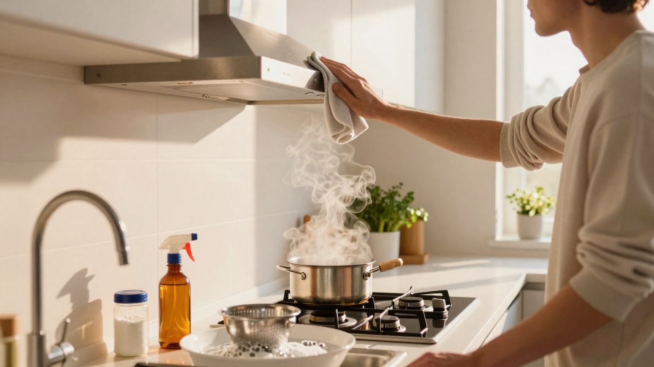 Pessoa a limpar exaustor na cozinha enquanto cozinha com panela a ferver no fogão a gás.