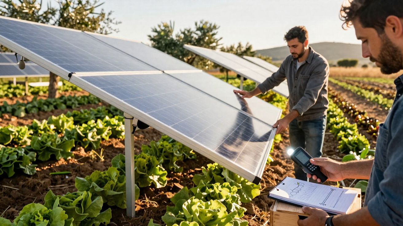 Dois homens inspecionam painéis solares instalados numa horta ao ar livre num dia ensolarado.