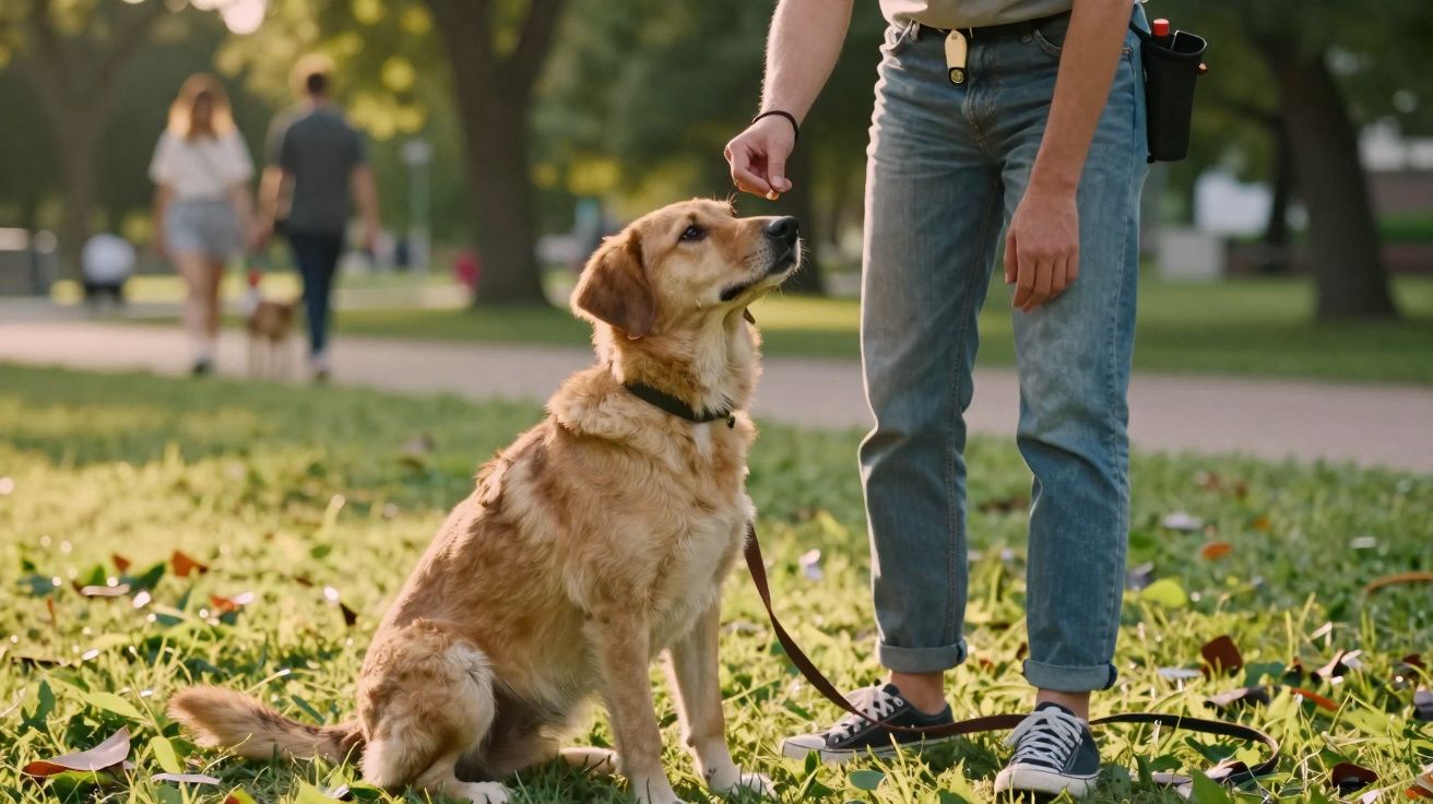 Cão castanho sentado na relva a olhar para pessoa que lhe dá um petisco num parque.