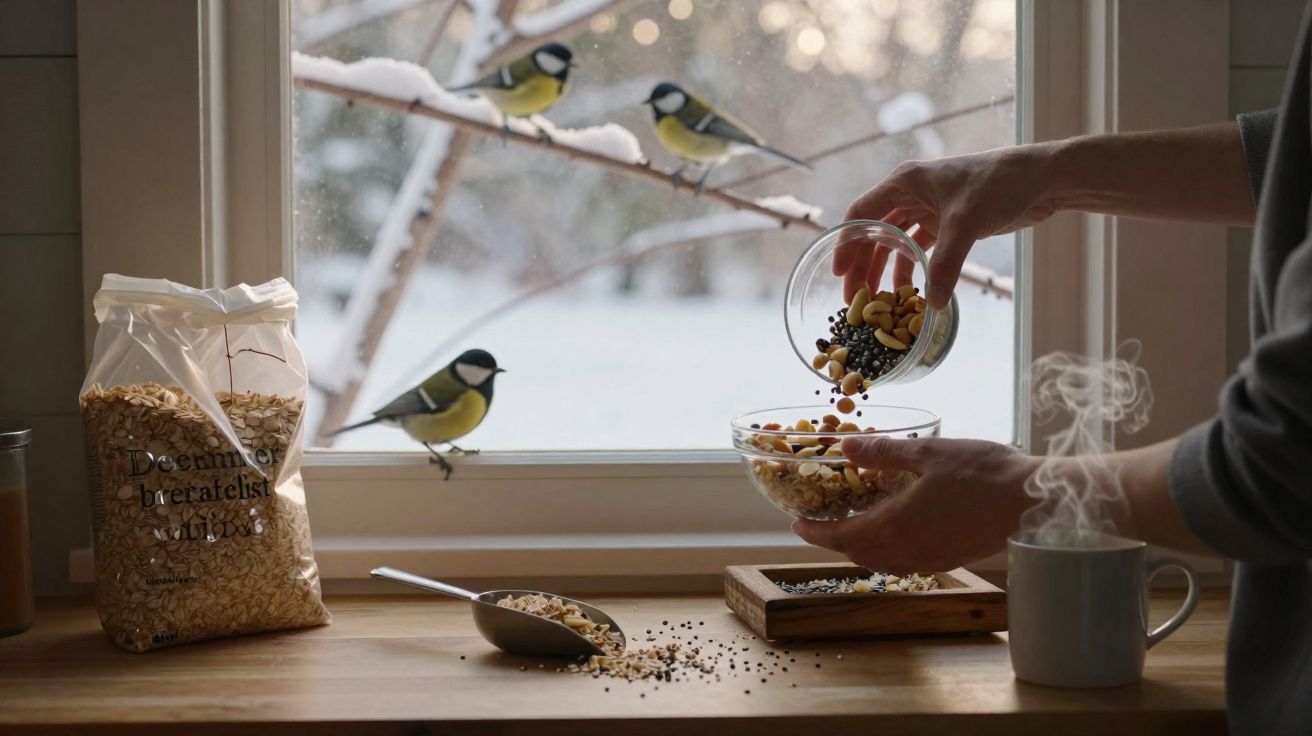Pessoa a preparar mistura de sementes e frutos para pássaros com neve e três pintassilgos na janela.