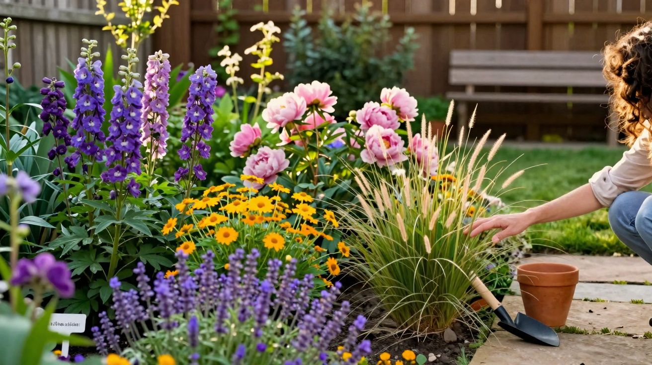 Pessoa a cuidar de jardim com flores coloridas em frente a cerca de madeira e banco de jardim ao fundo.