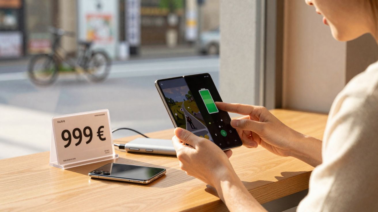 Pessoa num café a usar smartphone dobrável, com ecrã a mostrar carregamento e preço de 999€ ao lado.
