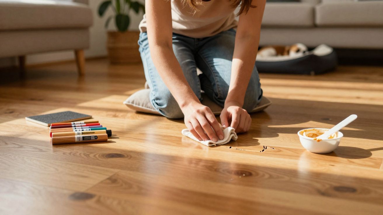 Pessoa a limpar líquido derramado no chão de madeira com um pano, ao lado de marcadores e um pote.