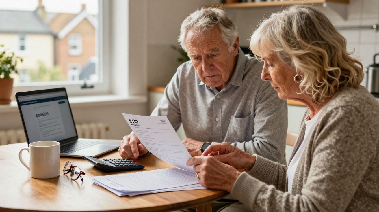 Casal sénior sentado à mesa a analisar documentos financeiros com computador e calculadora.