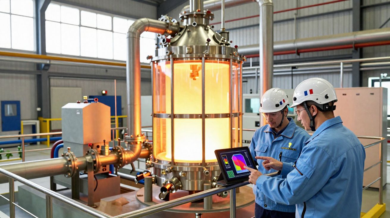 Dois técnicos em capacetes e macacões azuis analisam dados num tablet ao lado de equipamento industrial iluminado.