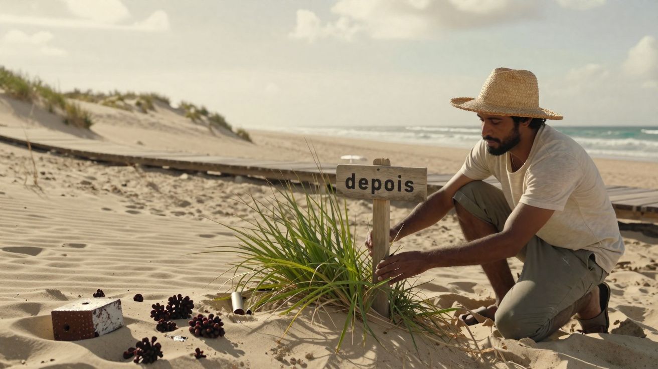 Homem com chapéu de palha planta placa "depois" junto a vegetação na areia da praia.