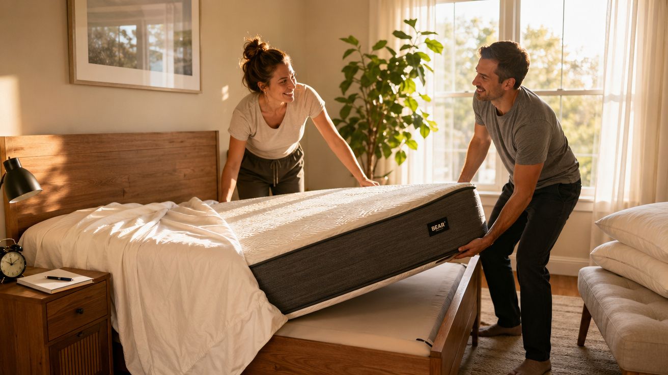 Casal sorridente a colocar um colchão na cama num quarto iluminado pela luz natural.
