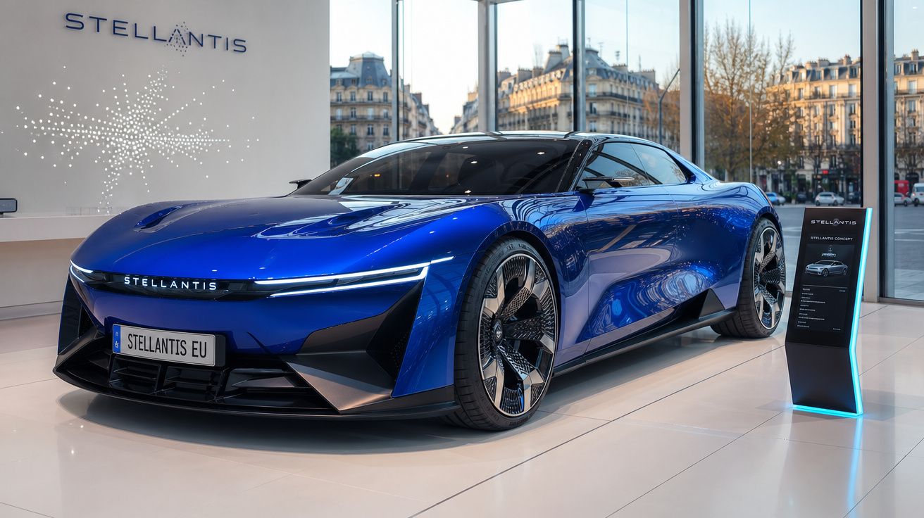 Carro desportivo eléctrico azul da Stellantis exposto numa montra urbana moderna.