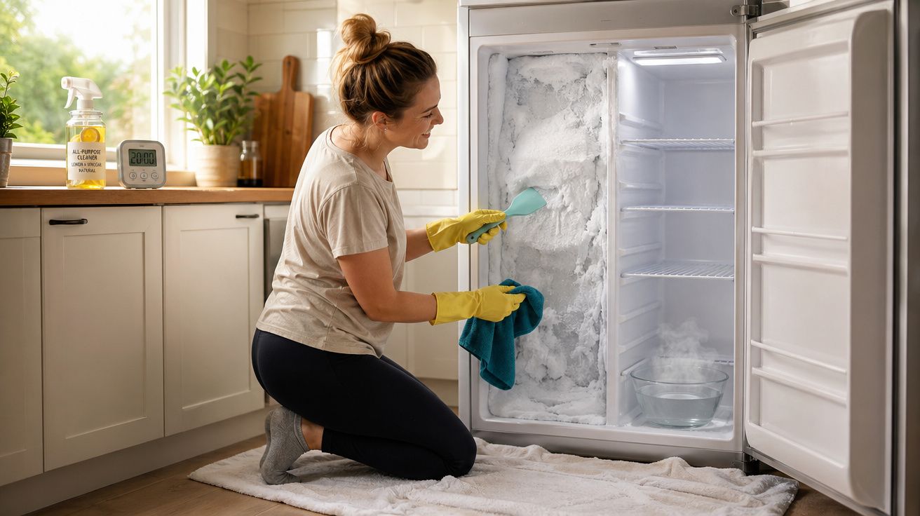 Mulher a descongelar um congelador cheio de gelo numa cozinha com roupa de casa casual e luvas amarelas.