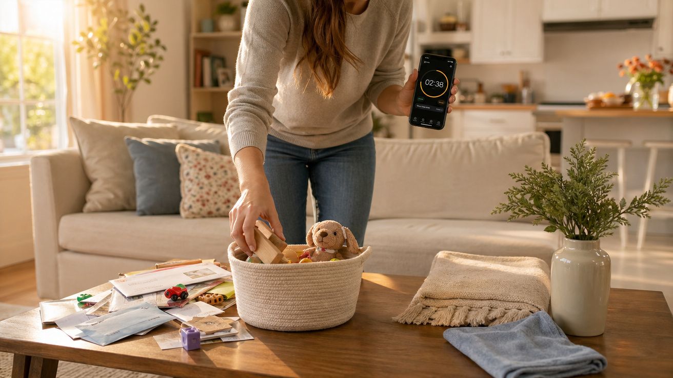 Pessoa organizando brinquedos numa cesta na sala de estar, segurando um telemóvel com cronómetro.