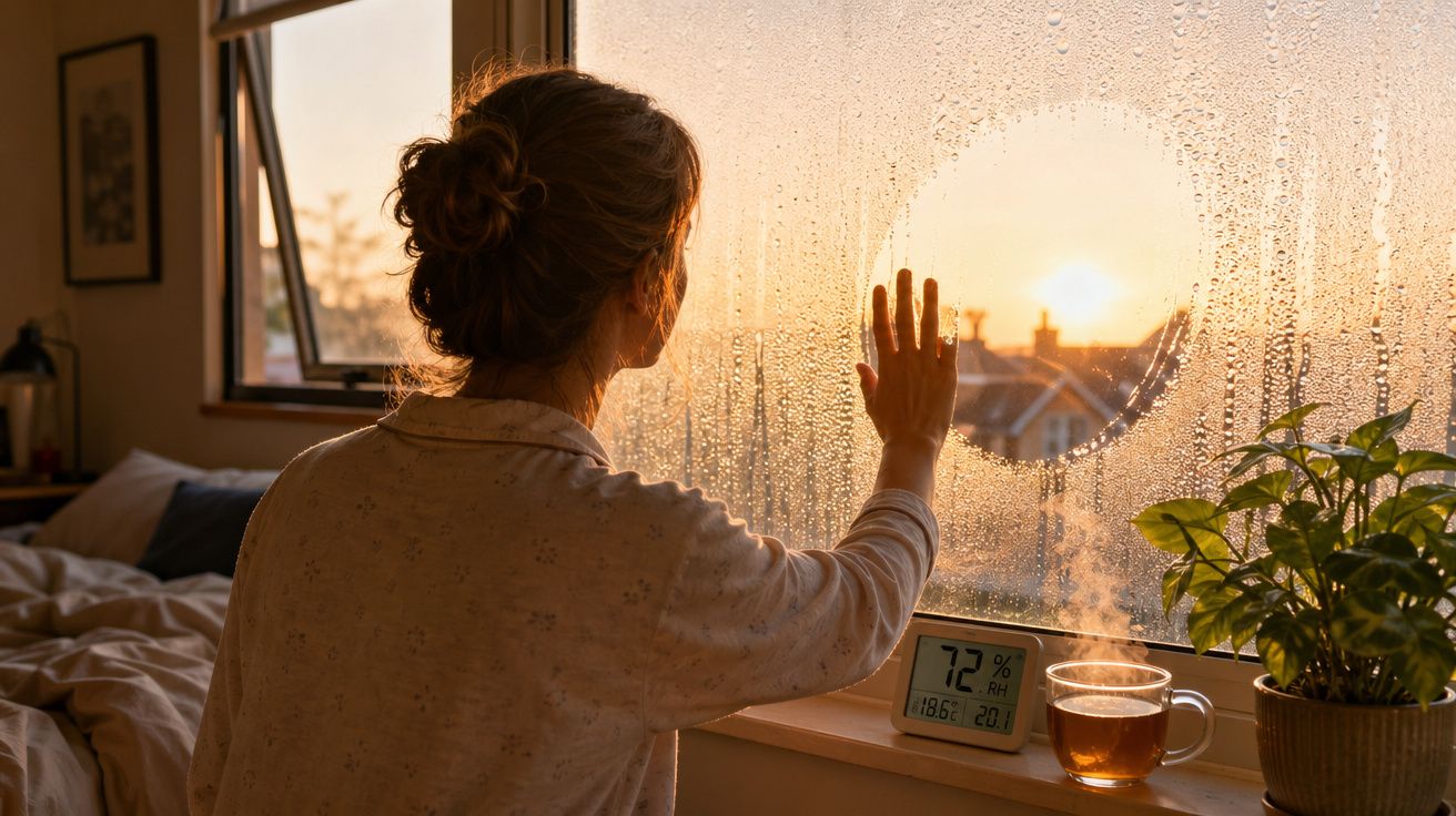 Mulher toca janela com condensação, criando círculo, ao nascer do sol num quarto acolhedor com planta e chá.