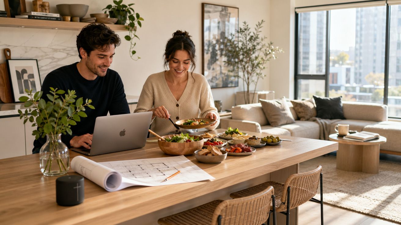 Casal jovem a preparar e partilhar uma refeição numa cozinha moderna e luminosa com vista para a cidade.