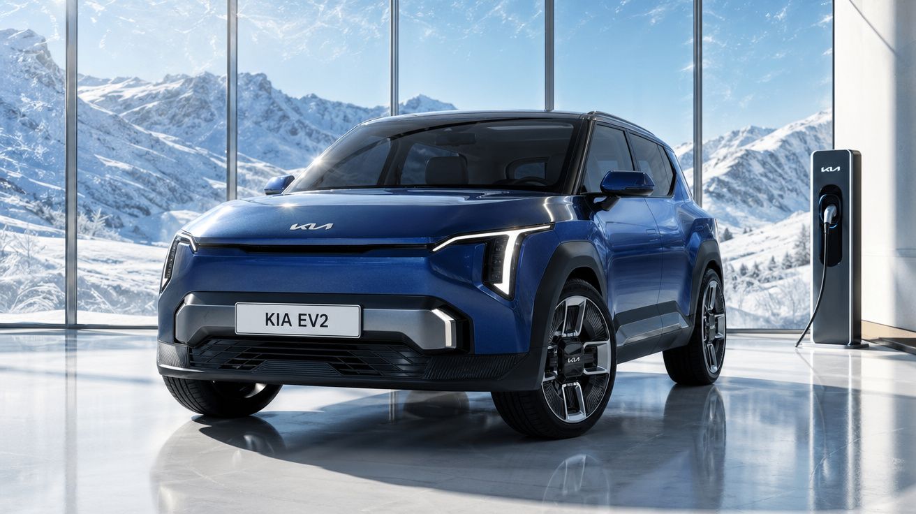 Automóvel elétrico Kia EV2 azul estacionado em espaço moderno com montanhas nevadas ao fundo.