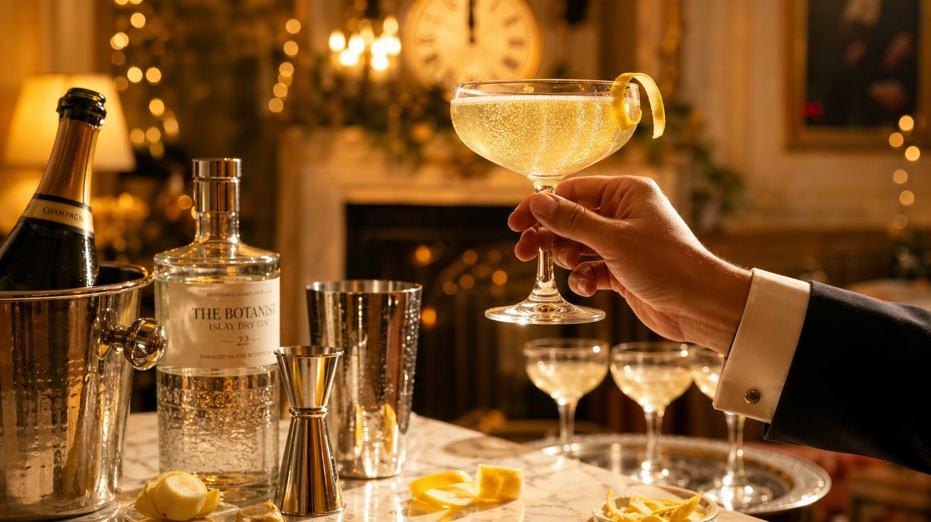 Mão segura copo de cocktail com casca de limão em bar elegante, garrafa de gin e champanhe ao fundo.