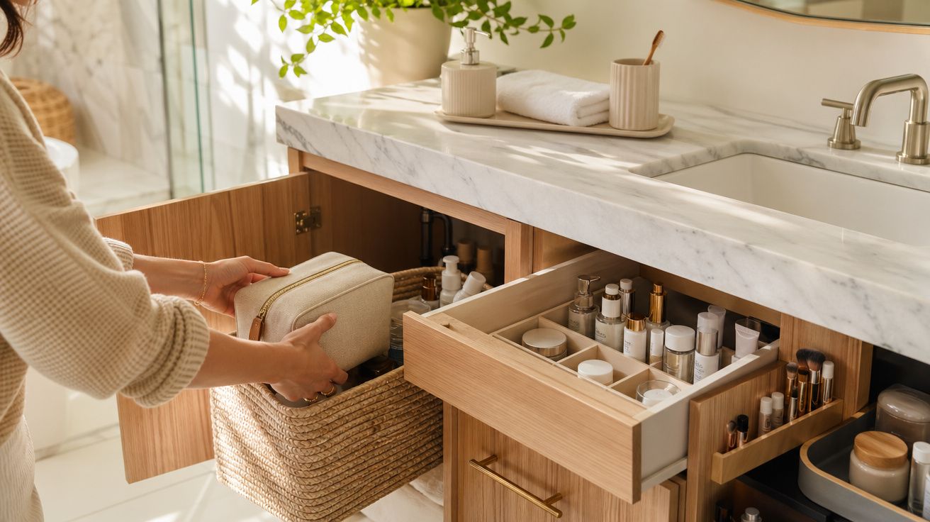 Pessoa a arrumar produtos de beleza num cesto dentro de móvel de banheiro com bancada em mármore.