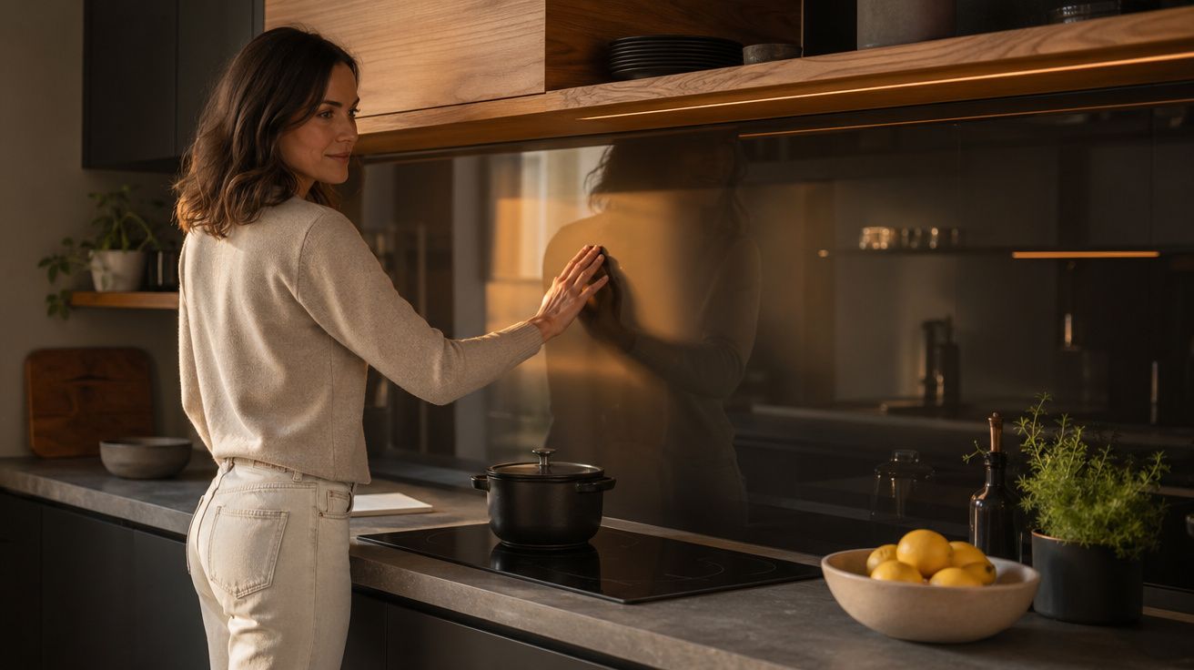 Mulher numa cozinha moderna, a limpar a parede de vidro atrás do fogão, com legumes e ervas na bancada.