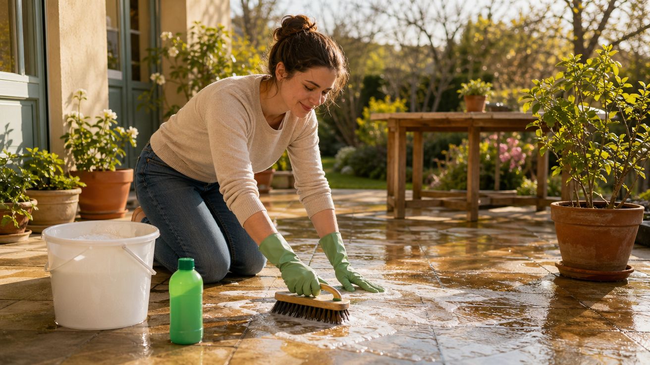Mulher a lavar o chão de pedra de um pátio ensolarado com escova, luvas verdes e produtos de limpeza.