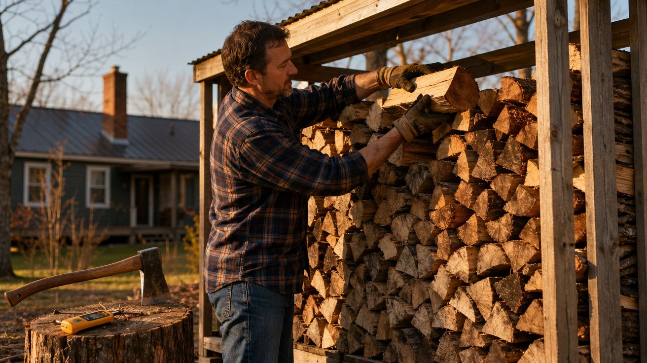 Homem a empilhar lenha num armazém exterior próximo de uma casa durante o pôr do sol.