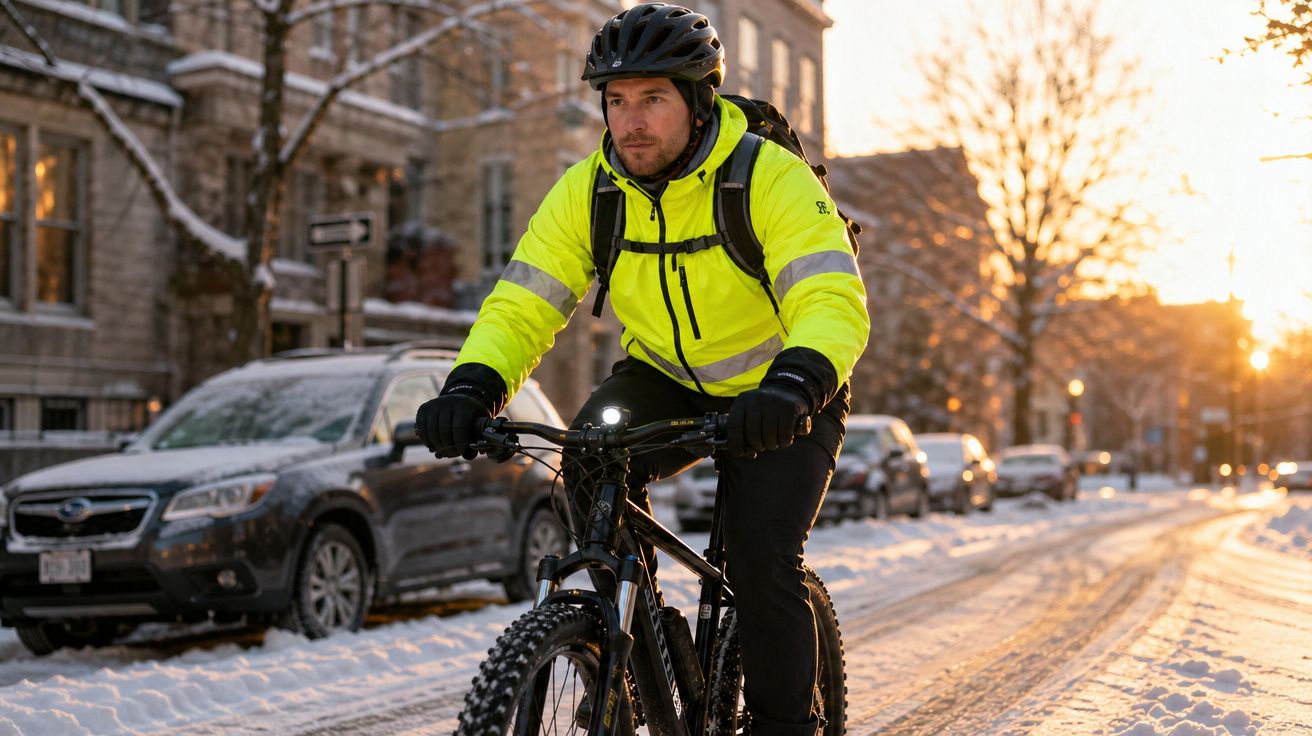 Homem de casaco amarelo de alta visibilidade a andar de bicicleta em estrada com neve ao pôr do sol.