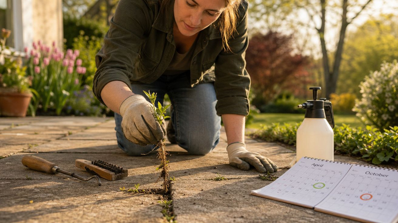 Mulher a arrancar erva daninha entre pedras num jardim com calendário e pulverizador ao lado.