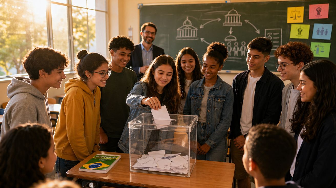 Grupo de estudantes a votar numa urna transparente numa sala de aula com professor a observar.