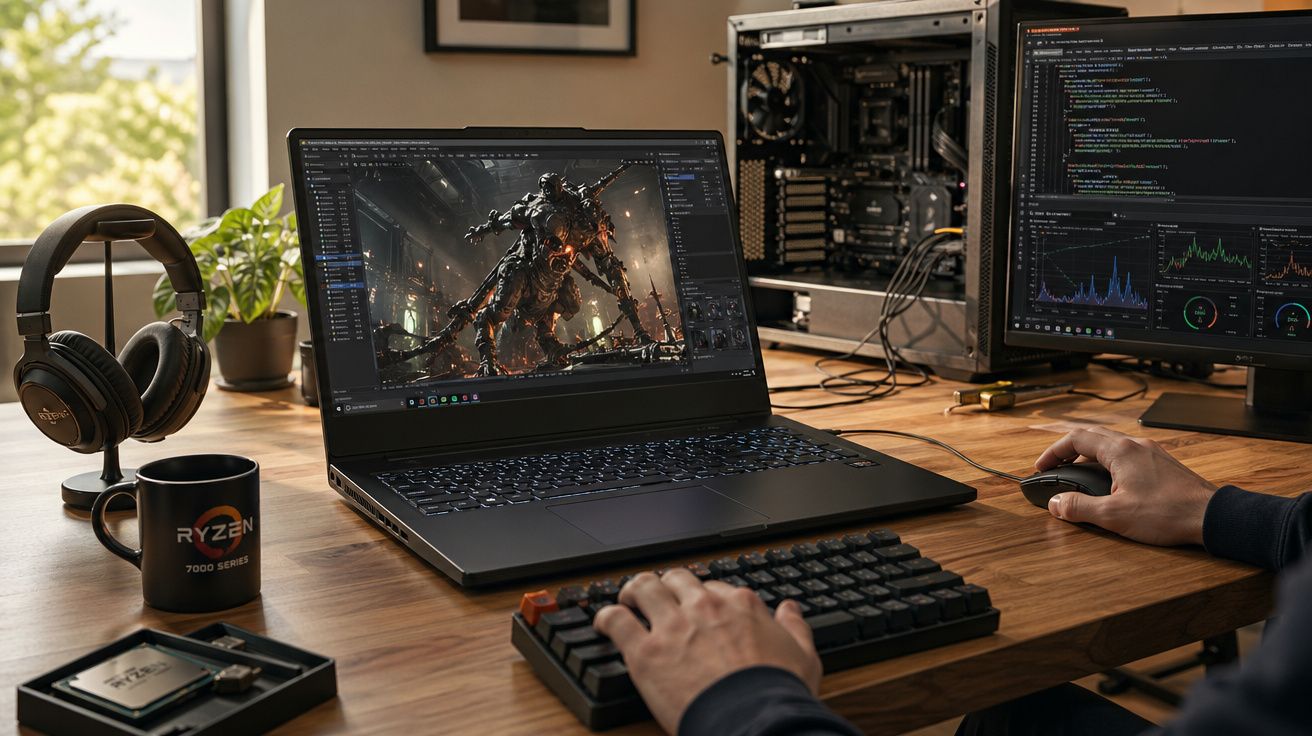 Mesa de trabalho com portátil a editar imagem 3D, monitor a mostrar código e gráfico, headphones e computador aberto.