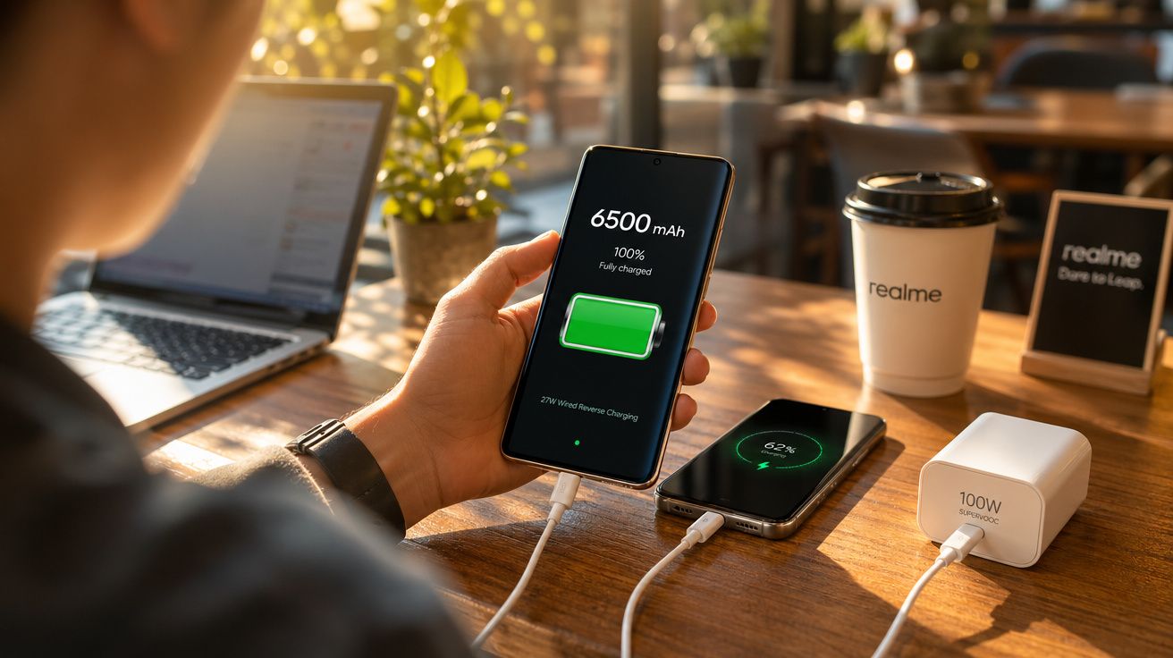Pessoa a segurar um telemóvel com bateria carregada a 100% junto a outro telemóvel e carregador rápido numa mesa.