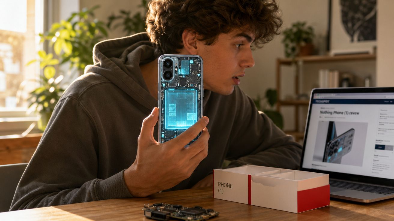 Jovem mostra smartphone com traseira transparente enquanto analisa informação no portátil numa sala iluminada.