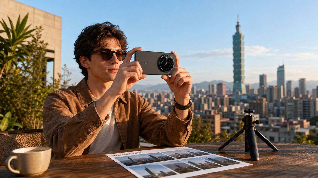 Homem com óculos escuros tira foto com smartphone em esplanada urbana ao pôr do sol.